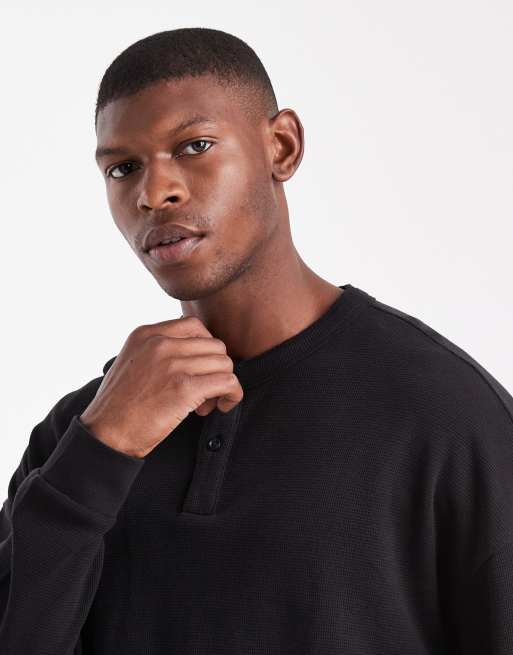 Jack & Jones oversized waffle knit long sleeve henley neck t-shirt in black, 5 of 5