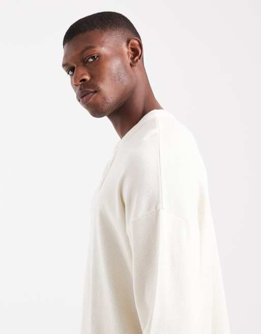 Jack & Jones oversized waffle knit long sleeve henley neck t-shirt in off white, 4 of 5