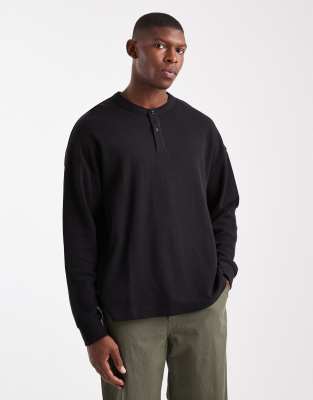Jack & Jones Oversized Waffle Long Sleeve Henley Neck T-shirt In Black