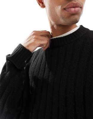 Jack & Jones oversized wide rib jumper in black 