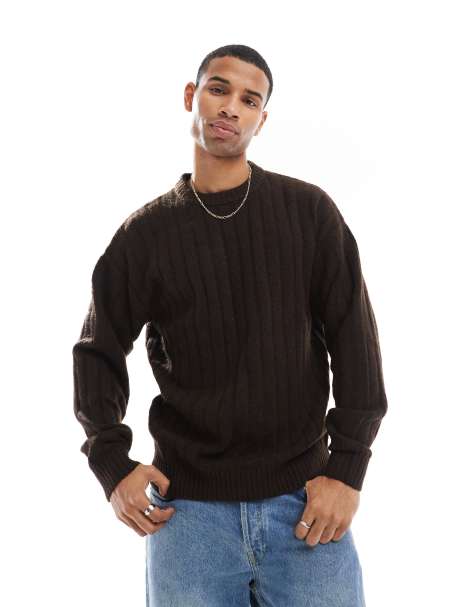 Jack & Jones oversized wide rib jumper in brown - view 1