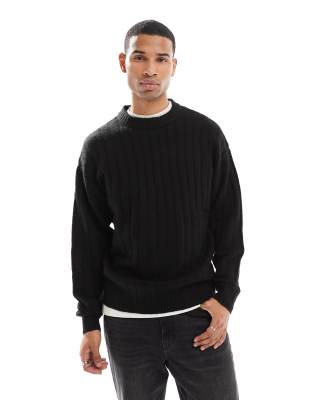 JACK & JONES OVERSIZED WIDE RIBBED SWEATER IN BLACK