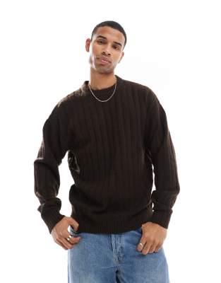 JACK & JONES OVERSIZED WIDE RIBBED SWEATER IN BROWN