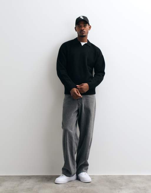 Jack & Jones oversize’owy puszysty sweter polo w czerni, 3 z 5