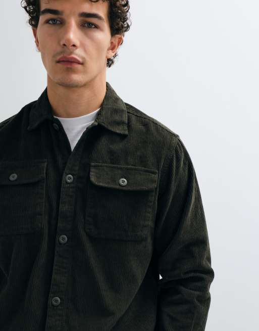 Jack & Jones overskjorte i fløjl med dobbelte lommer i mørk olivengrøn, 2 af 5
