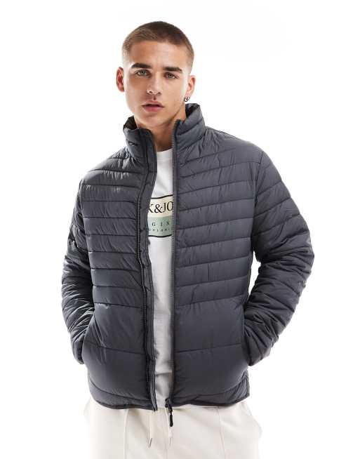 Jack & Jones packable padded jacket with stand collar in dark gray