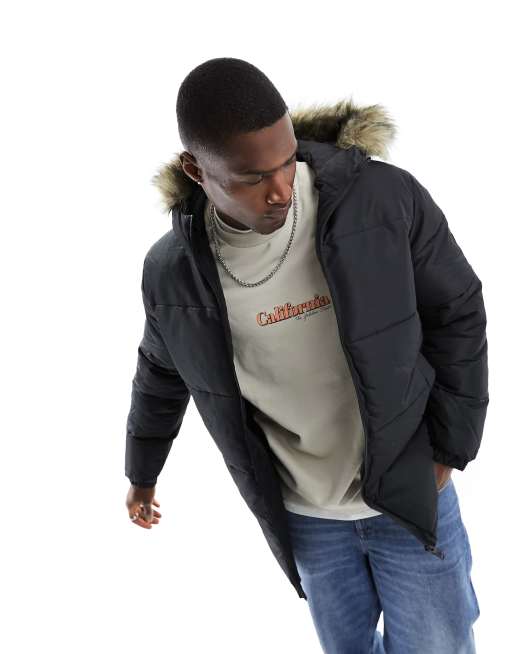 Fitted padded jacket with faux fur hood online