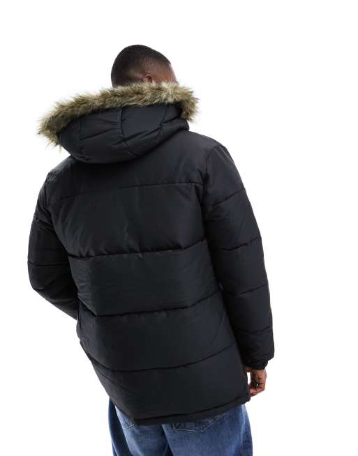 Jack & Jones padded jacket with faux fur hood in black, 4 of 4