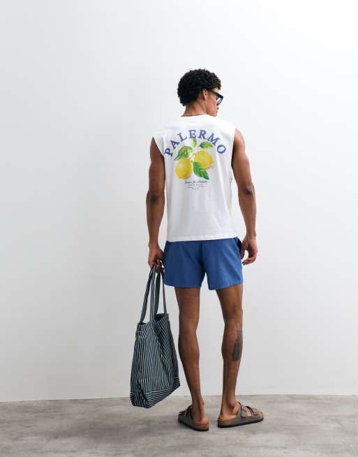 Jack & Jones palermo lemon back print singlet in white, 4 of 9