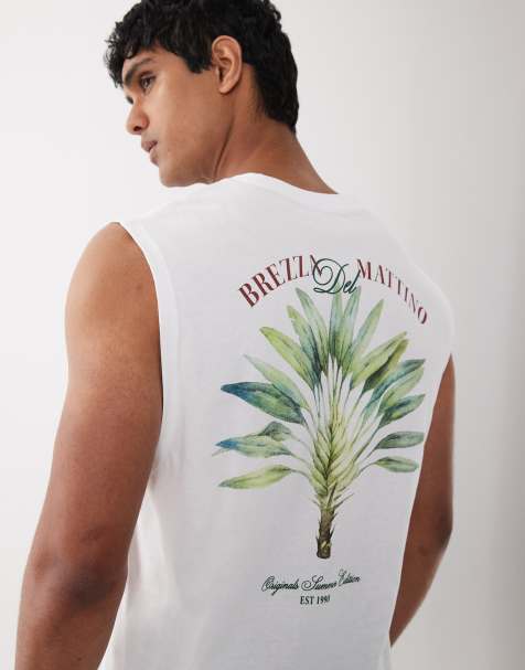 Jack & Jones palm leaf back print singlet in white - view 1