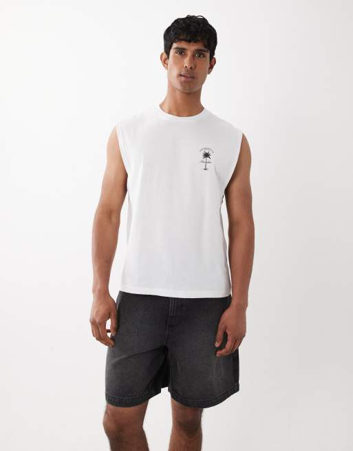 Jack & Jones palm print backprint singlet in white and black, 2 of 5