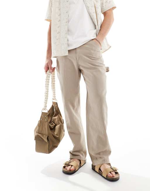 Jack & Jones - Pantalon ample style charpentier en lin mélangé - Beige 