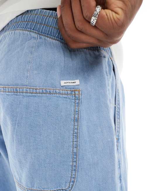 Jack & Jones - Pantaloncini di jeans leggeri ampi lavaggio blu con coulisse , 5 di 5