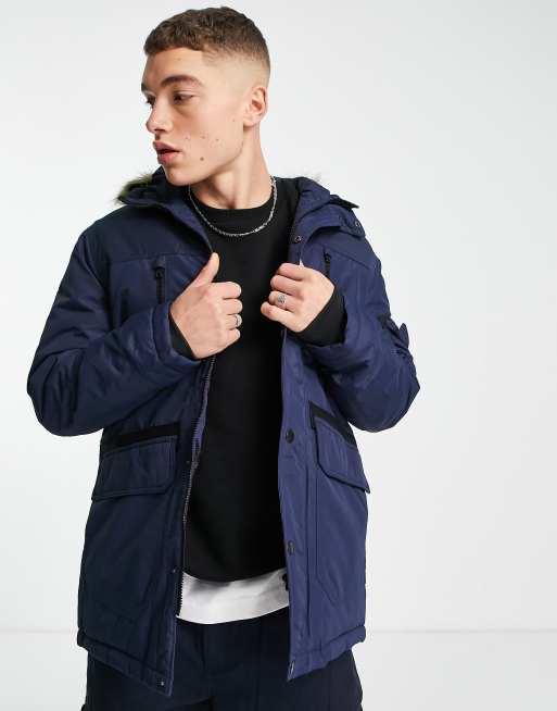Jack & Jones - Parka blu navy con cappuccio in pelliccia sintetica