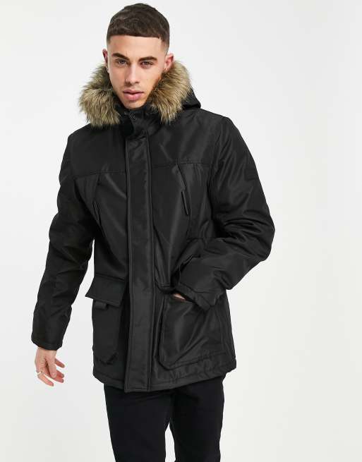 Jack & Jones parka jacket with faux-fur collar in black | ASOS