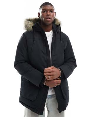 parka with detachable faux fur hood in black