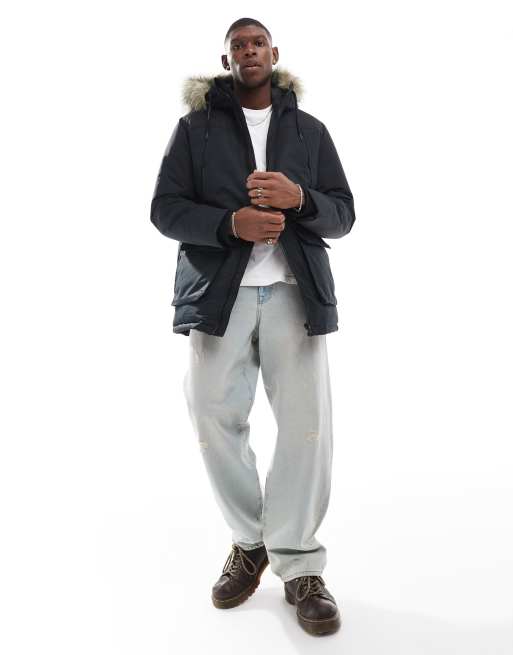 Jack & Jones parka with detachable faux fur hood in black | ASOS