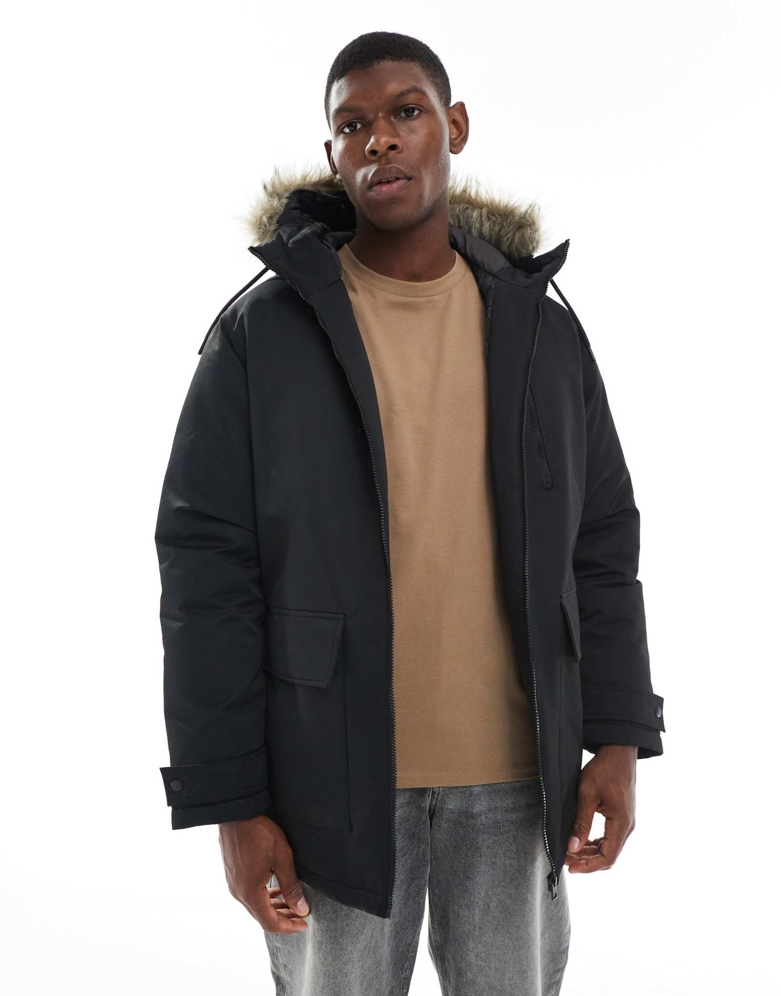 Парка Jack &Jones черного цвета с капюшоном из искусственного меха