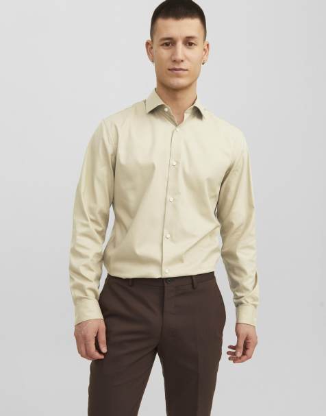 Jack & Jones Parker camisa slim fit de manga larga con cuello italiano beige - view 1