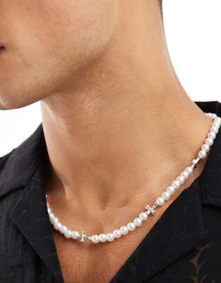 Jack & Jones pearl necklace with silver plated cross charms