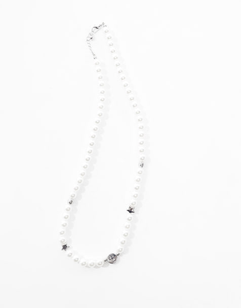 Jack & Jones pearl necklace with smile faces in white - view 2