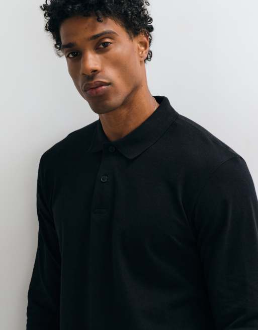 Jack & Jones pique long sleeve polo in black, 4 of 5
