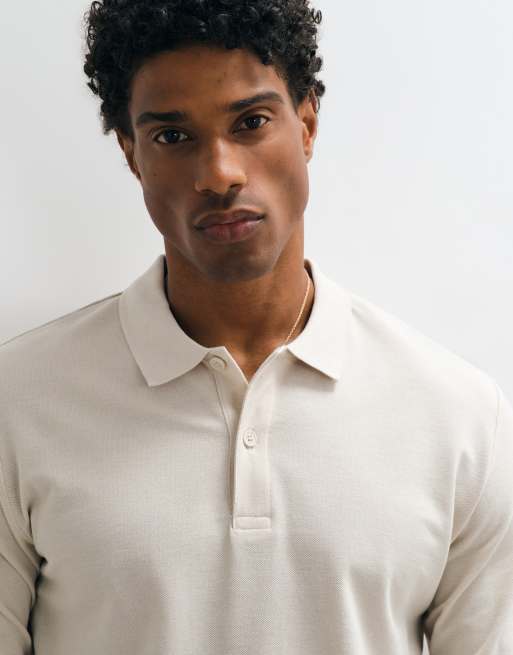 Jack & Jones pique long sleeve polo in cream, 3 of 5
