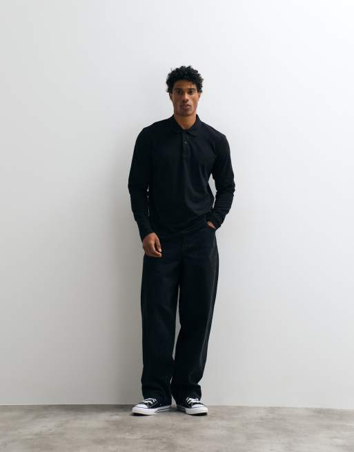 Jack & Jones pique poloshirt met lange mouwen in zwart, 2 van 5