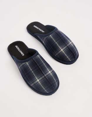 Jack & Jones Plaid Slippers In Blue
