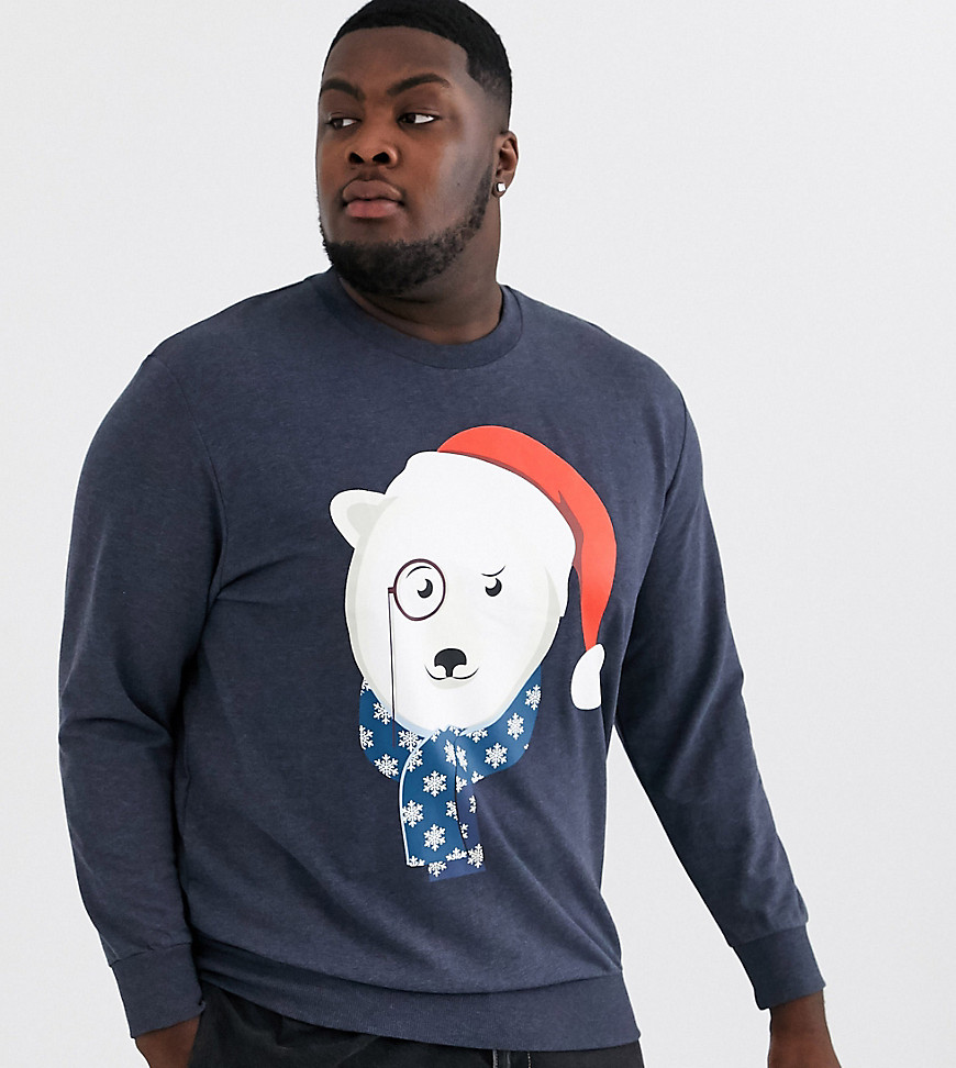 Jack & Jones – Plus – Sweatshirt med julmotiv av isbjörn-Marinblå