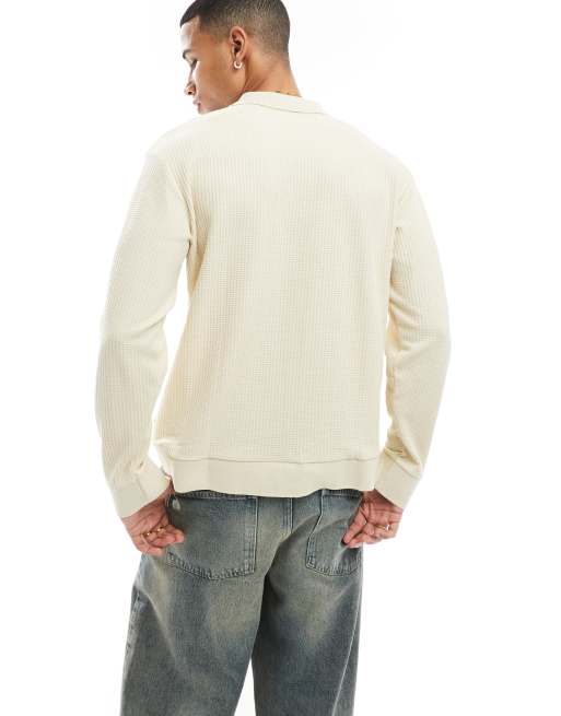 Jack & Jones - Polo à manches longues en maille texturée - Écru, 4 de 4