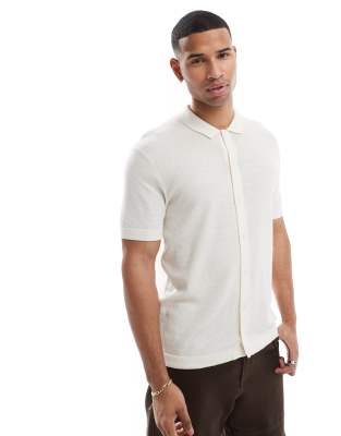Jack & Jones - Polo boutonné en maille - Crème-Blanc