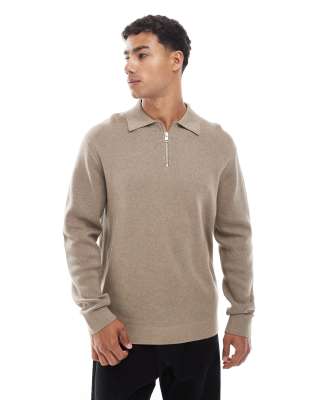 Jack & Jones - Polo en maille de qualité supérieure avec manches longues et col zippé - Beige-Neutre