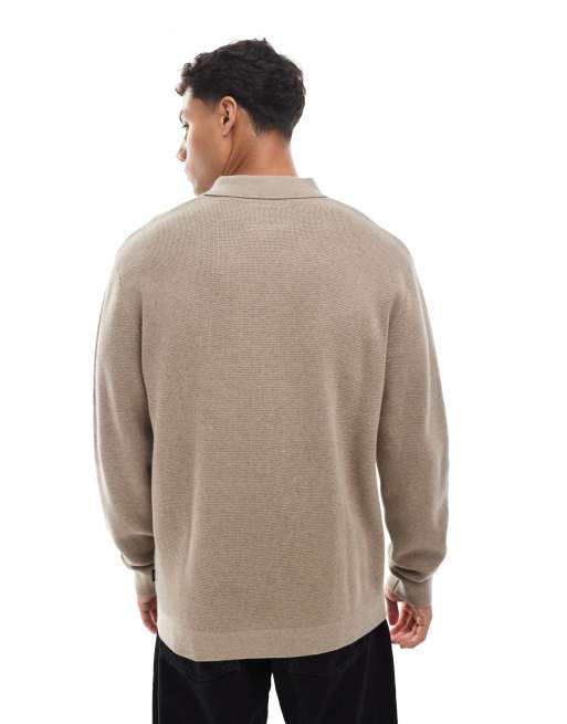 Jack & Jones - Polo en maille de qualité supérieure avec manches longues et col zippé - Beige, 4 de 4
