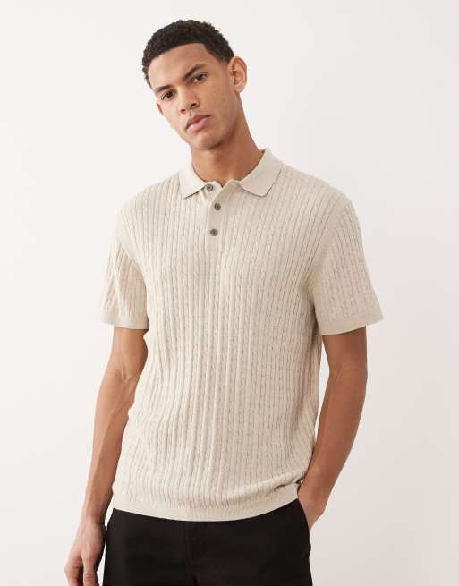 Jack & Jones - Polo in maglia a trecce color crema a maniche corte