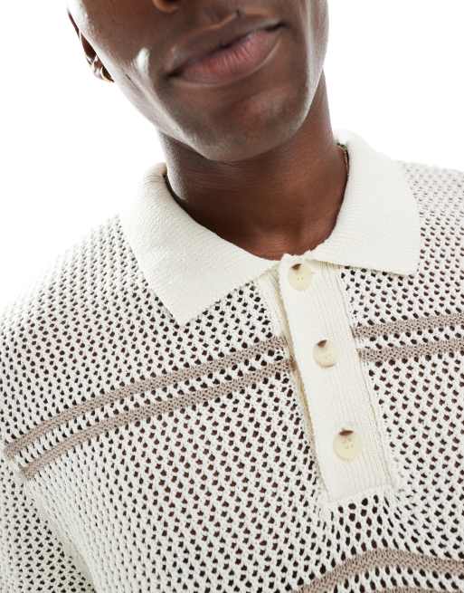 Jack & Jones - Polo in maglia all'uncinetto color panna, 3 di 4