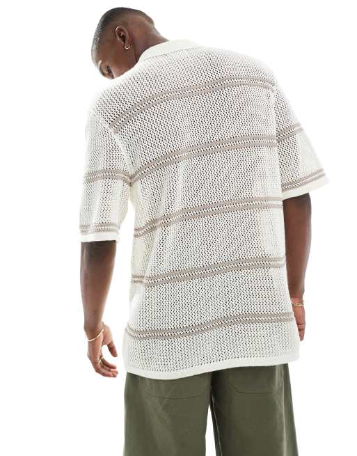 Jack & Jones - Polo in maglia all'uncinetto color panna, 4 di 4