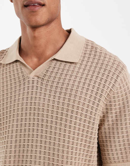 Jack & Jones - Polo in maglia beige con spacco sul collo, 5 di 5