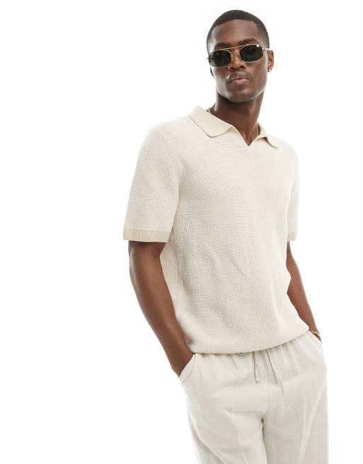 Jack & Jones - Polo in maglia color pietra con intaglio sullo scollo