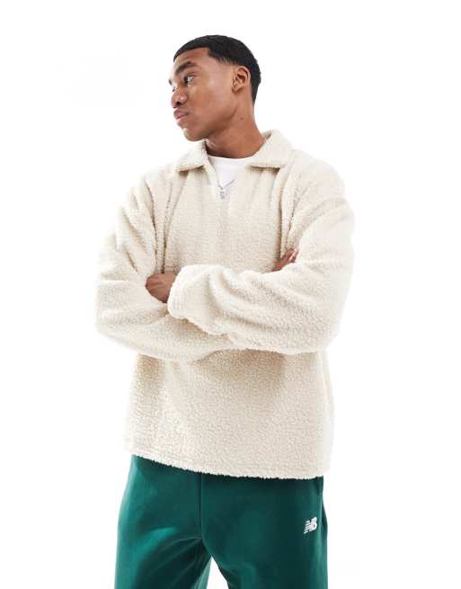 Jack & Jones - Polo in pile borg beige con intaglio sullo scollo