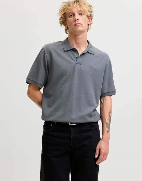 Jack & Jones Austin jersey standard fit short sleeve stretch embroidered polo shirt in grey