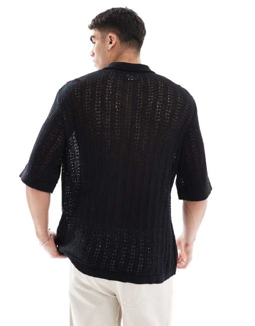 Jack & Jones - Polo nera in maglia all'uncinetto, 3 di 4