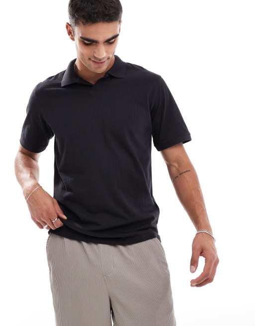 Jack & Jones - Polo nera plissé con intaglio sullo scollo