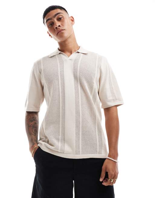Jack & Jones - Polo oversize beige in maglia testurizzata con colletto a rever 