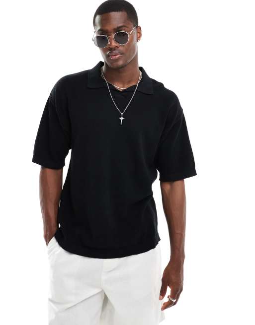 Jack & Jones - Polo oversize in maglia di misto lino nera con rever