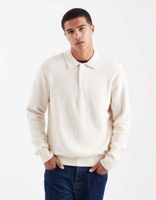 Polo-Pullover aus Bouclé in Cremeweiß Weiß M