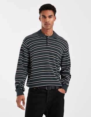 Polo-Strickpullover in Schwarz und Grün gestreift Schwarz M