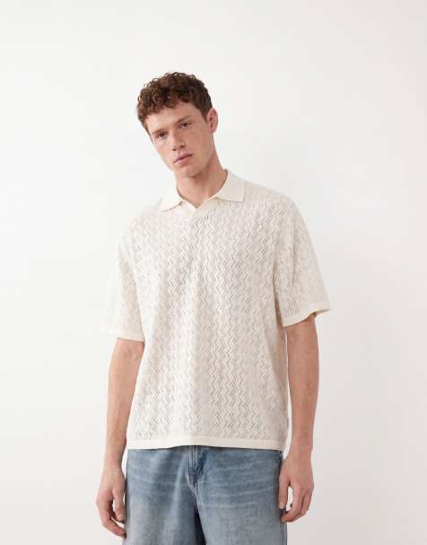 Jack & Jones – Polohemd aus Häkelstrick in Wollweiß mit gekerbtem Ausschnitt - view 1