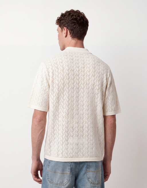 Jack & Jones – Polohemd aus Häkelstrick in Wollweiß mit gekerbtem Ausschnitt, 4 von 5