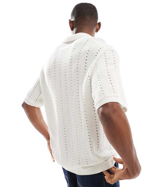 Jack & Jones – Polohemd im Häkellook in Weiß mit Schlitzausschnitt, 3 von 4
